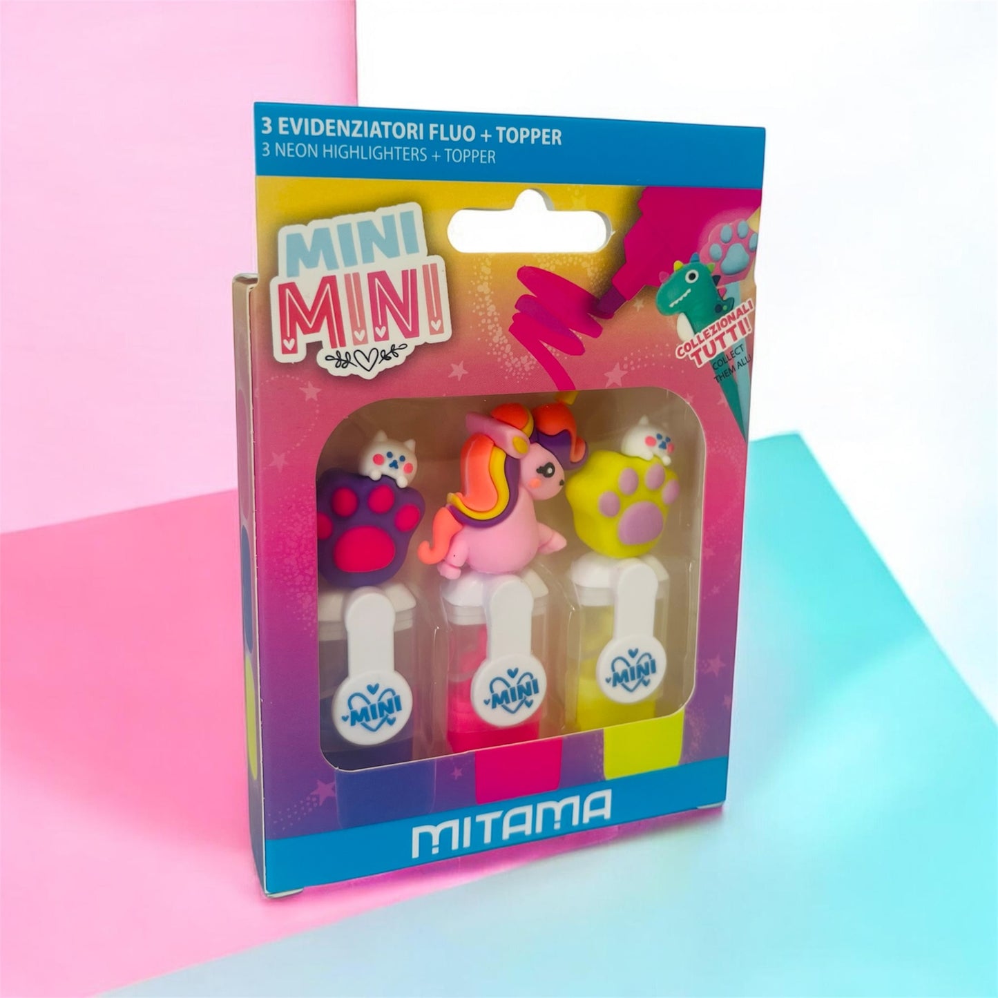 Tris Evidenziatori Mini Mitama con Topper da Collezionare – Set 3 Evidenziatori Colorati