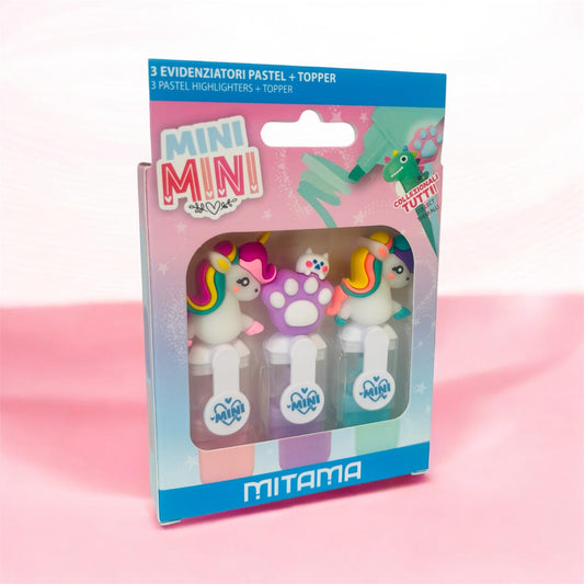 Tris Evidenziatori Mini Mitama con Topper da Collezionare – Set 3 Evidenziatori Colorati